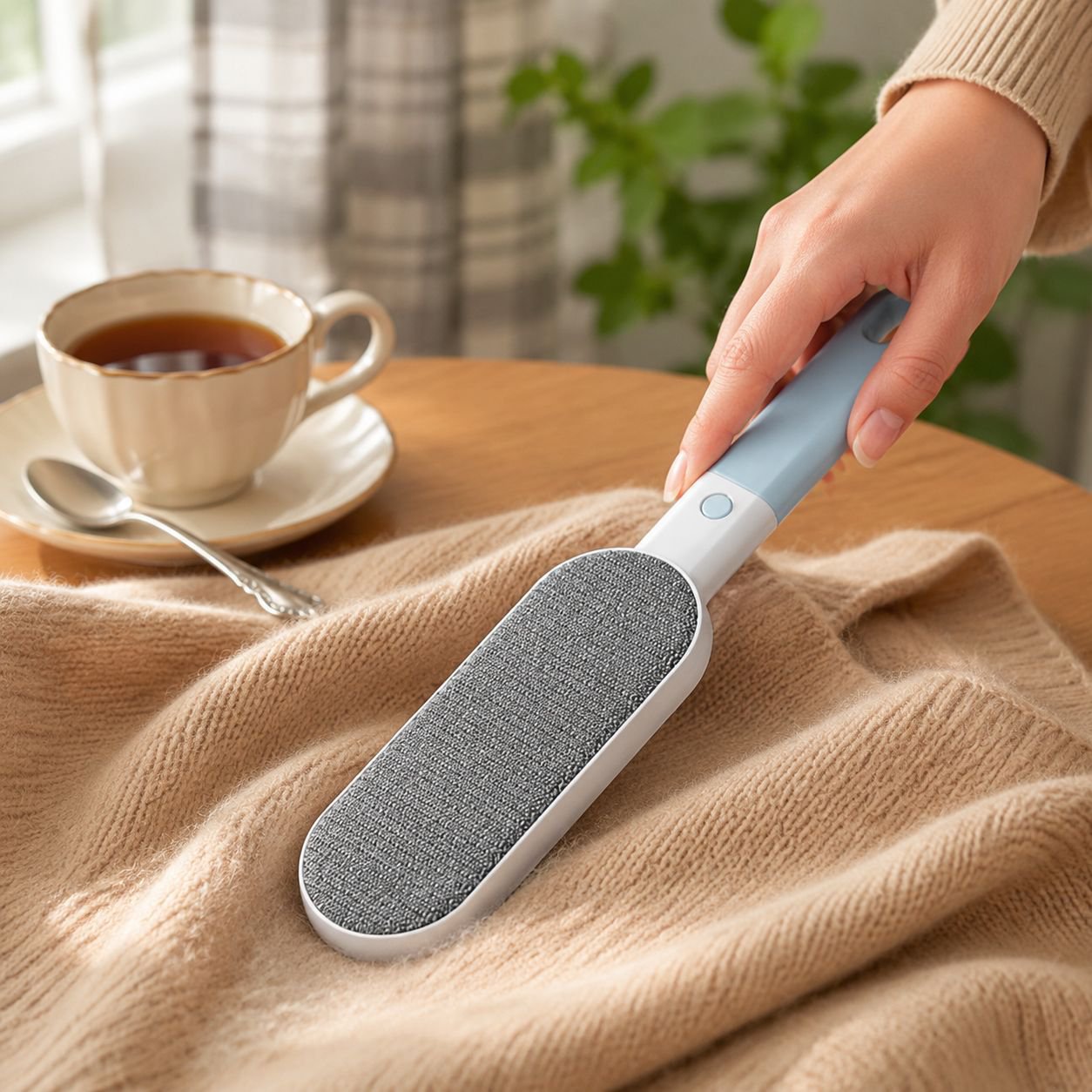 Household lint remover brush cleaning a fabric sofa