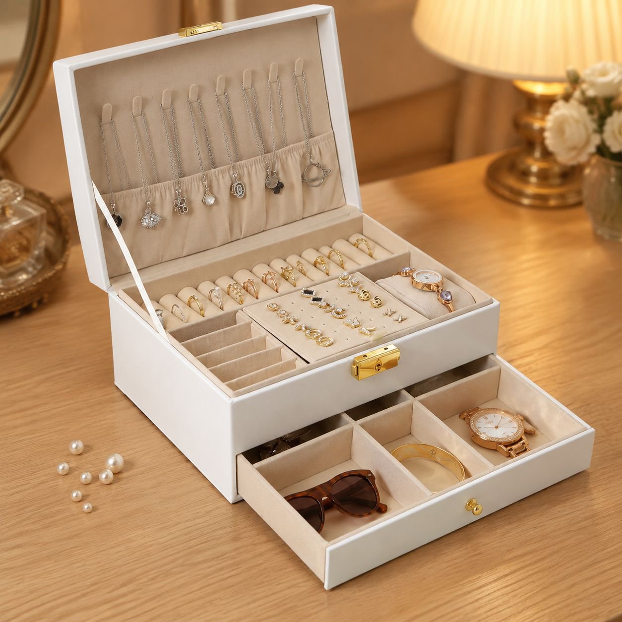 Portable Double-Layer Drawer Leather Jewelry Box, Luxury Earring Organizer with Lock