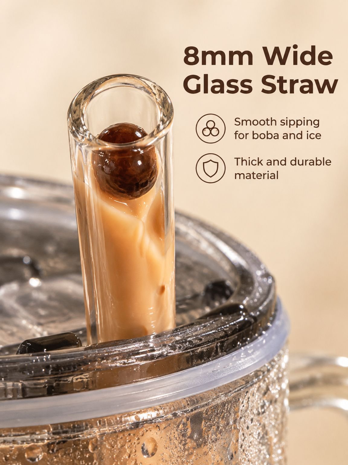 Large Glass Cup showcasing its eco-friendly design with straw