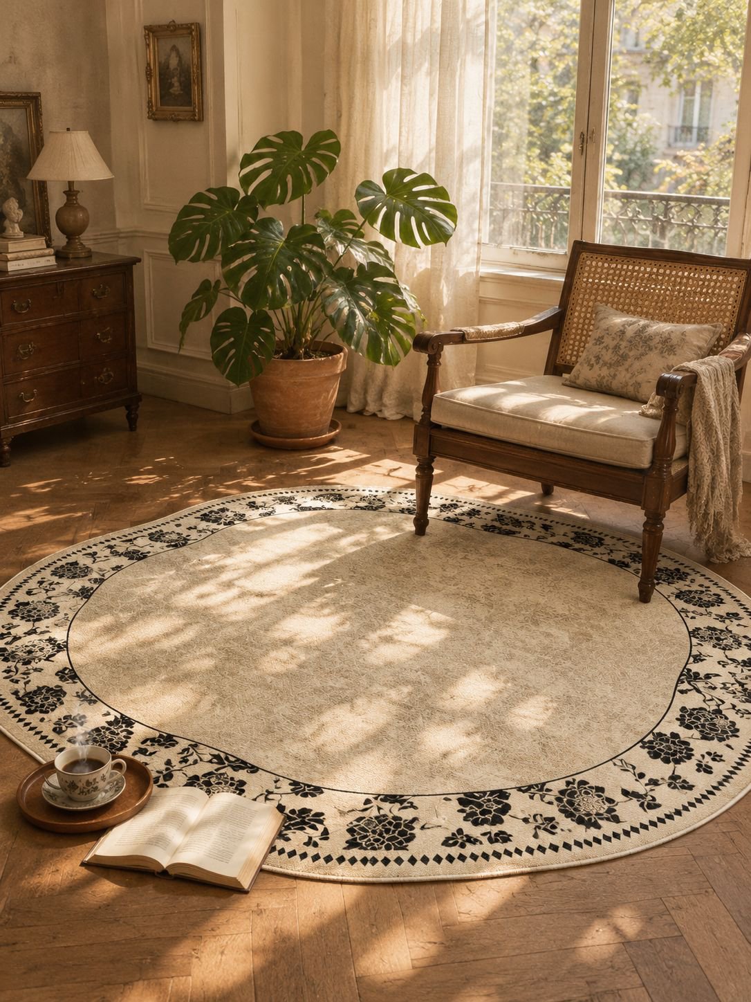 Mid-century sofa rug adding warmth and character to a living space