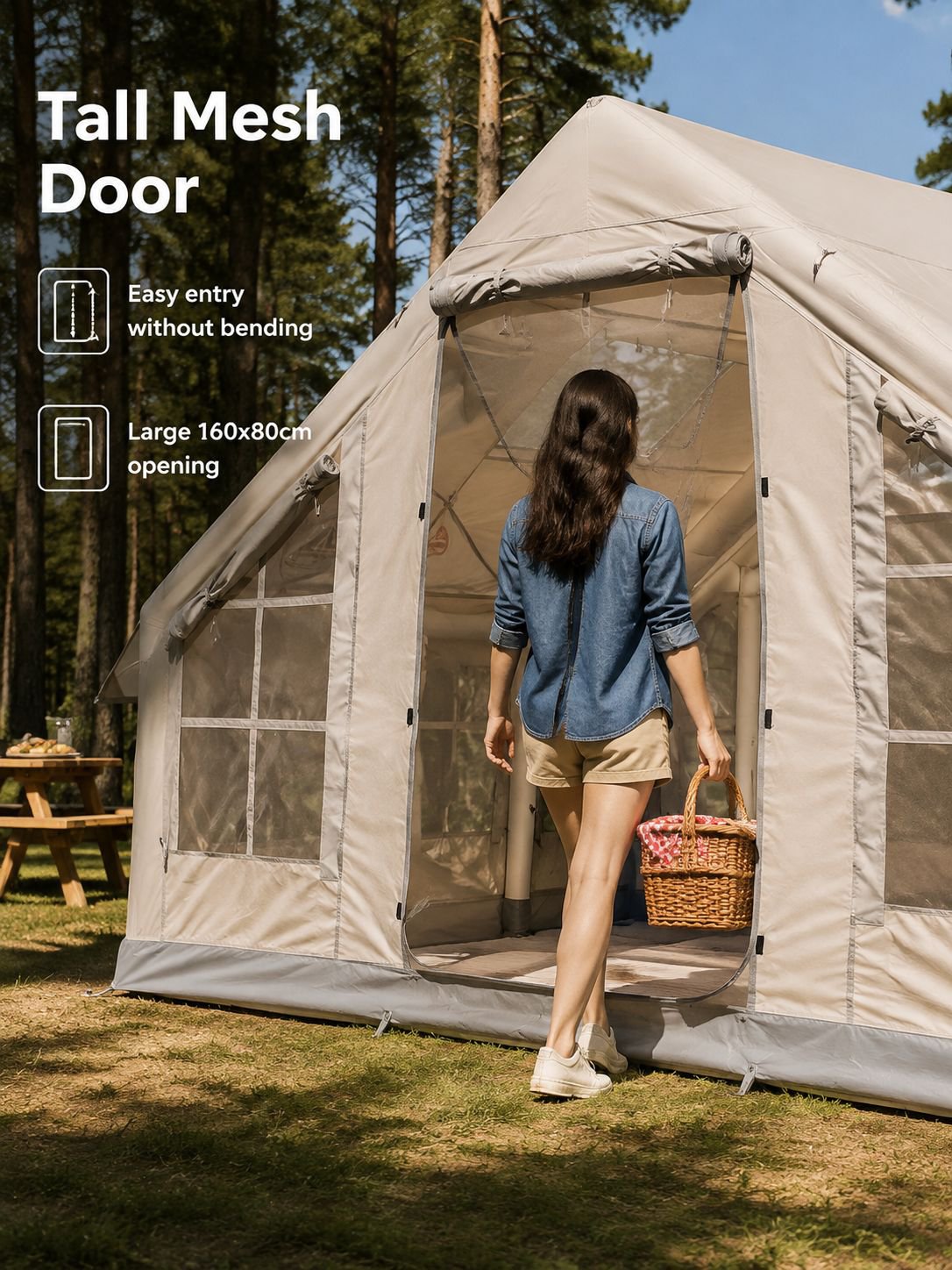 Portable inflatable camping tent with spacious interior