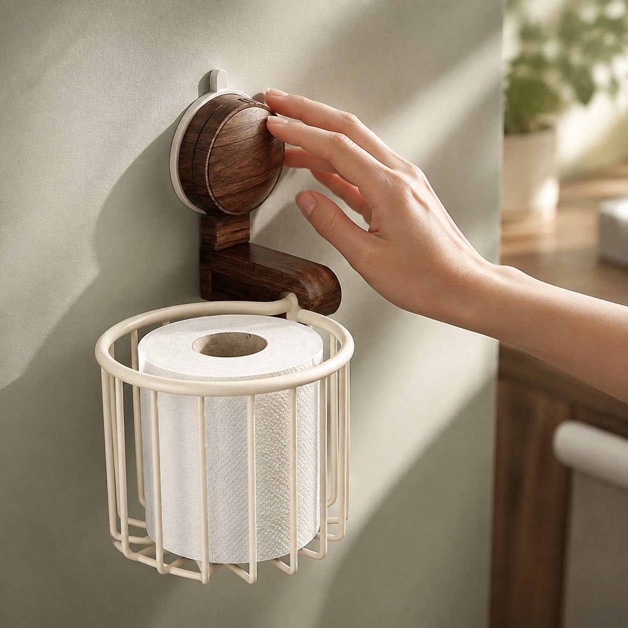 Bathroom tissue holder basket with toilet paper and toiletries
