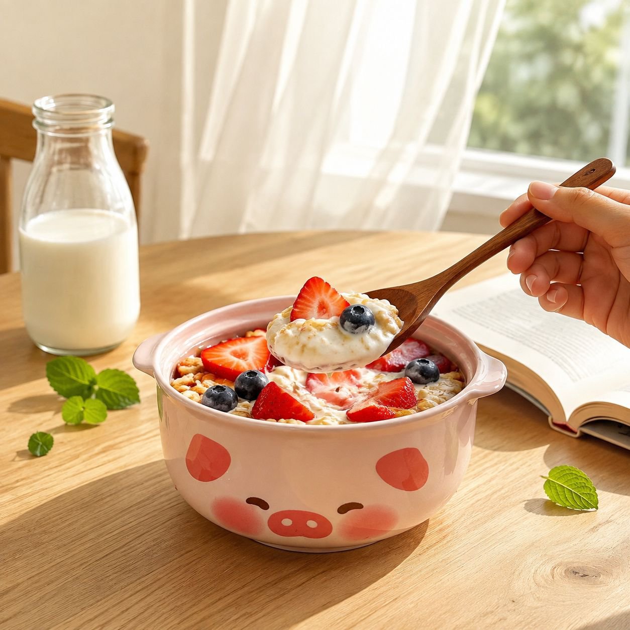 High-value cartoon ceramic instant noodle bowl with lid tableware cute high-temperature underglaze c