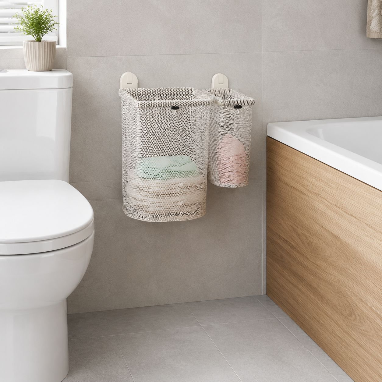 Foldable double suction cup laundry basket for bathroom