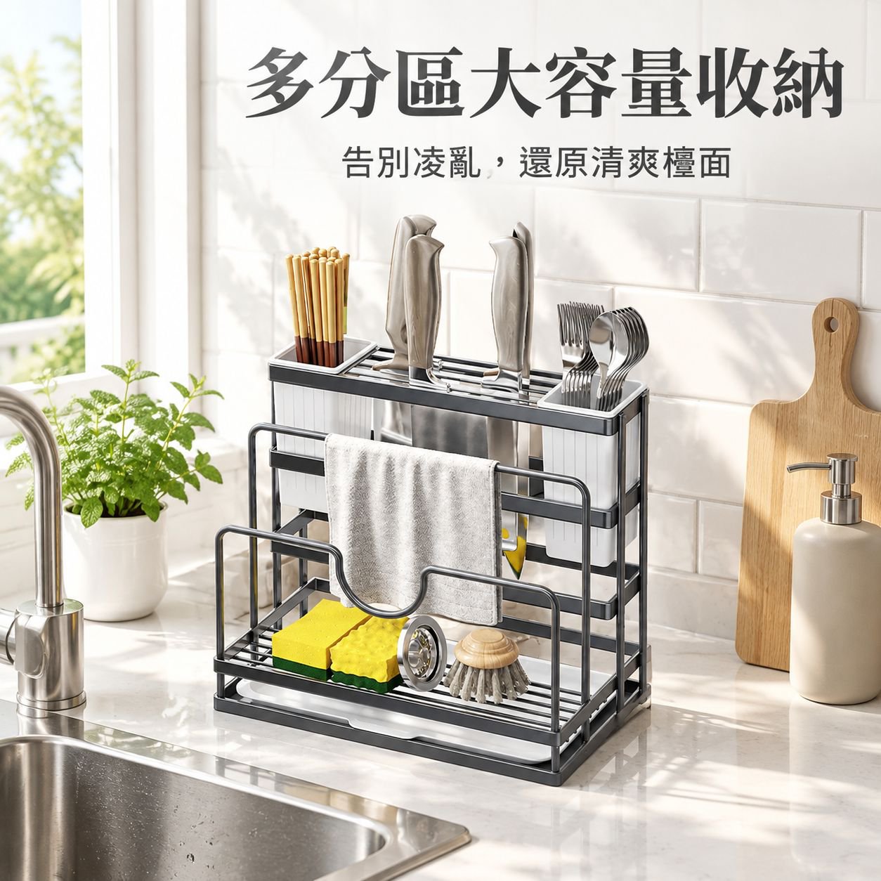 廚房一體刀具置物架多功能收納台 家用筷子筒鍋蓋抹布架