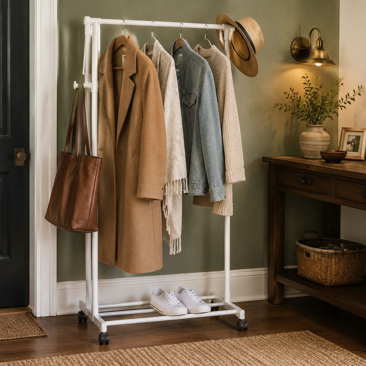 Multi-layer Clothes, Shoe, and Hat Storage Rack with Pulley