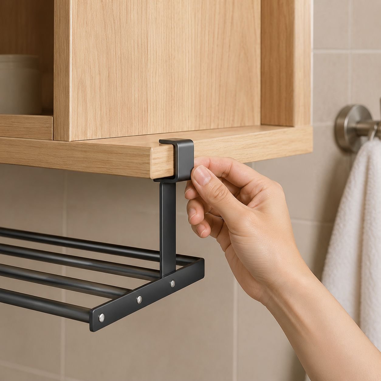Close-up of sturdy no-drill bathroom shelf holding toiletries