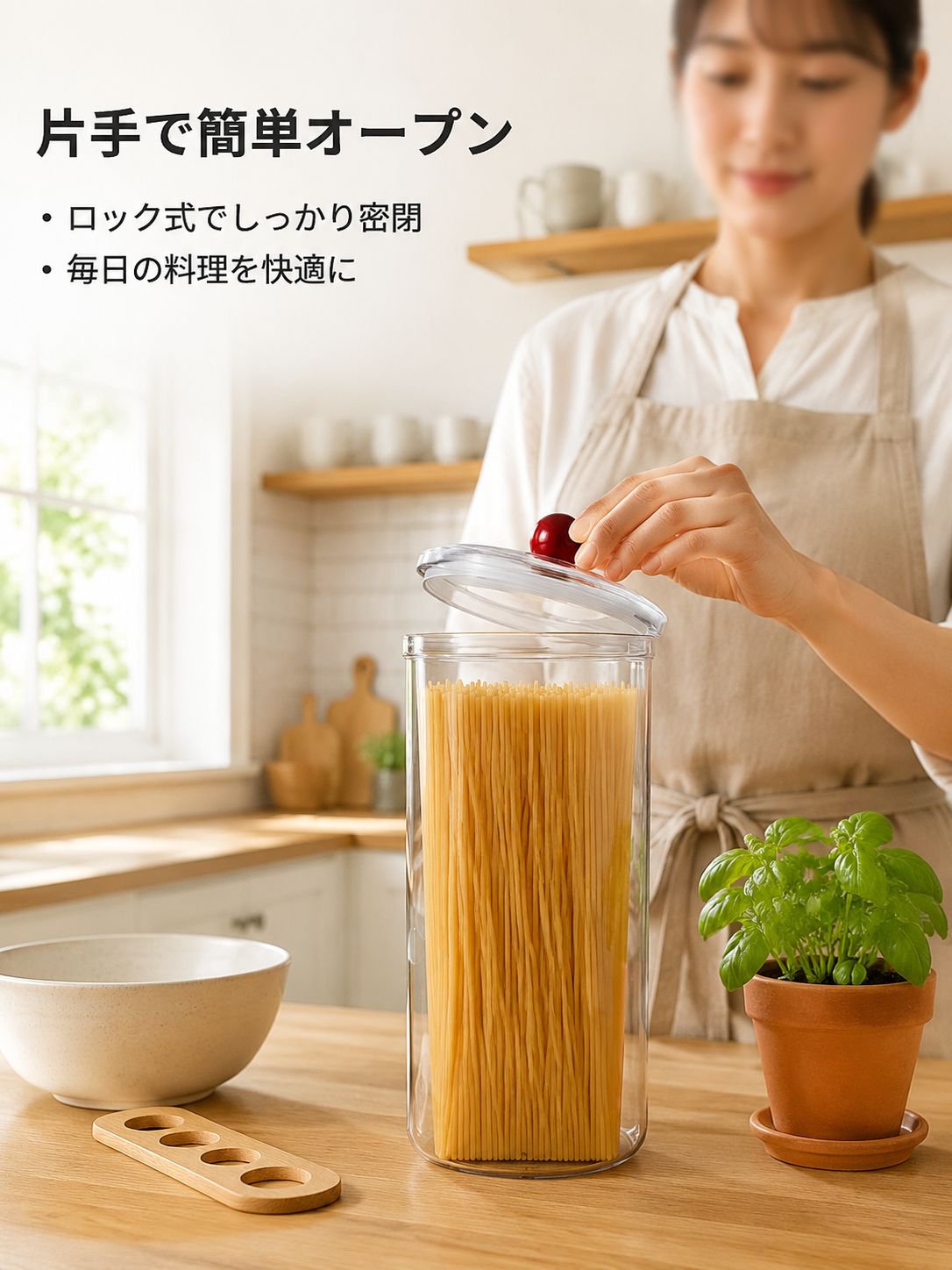 麺類、穀物、スナック菓子、乾燥食品、コーヒー豆などを保存できる、食品グレードの密閉式キッチン保存容器。