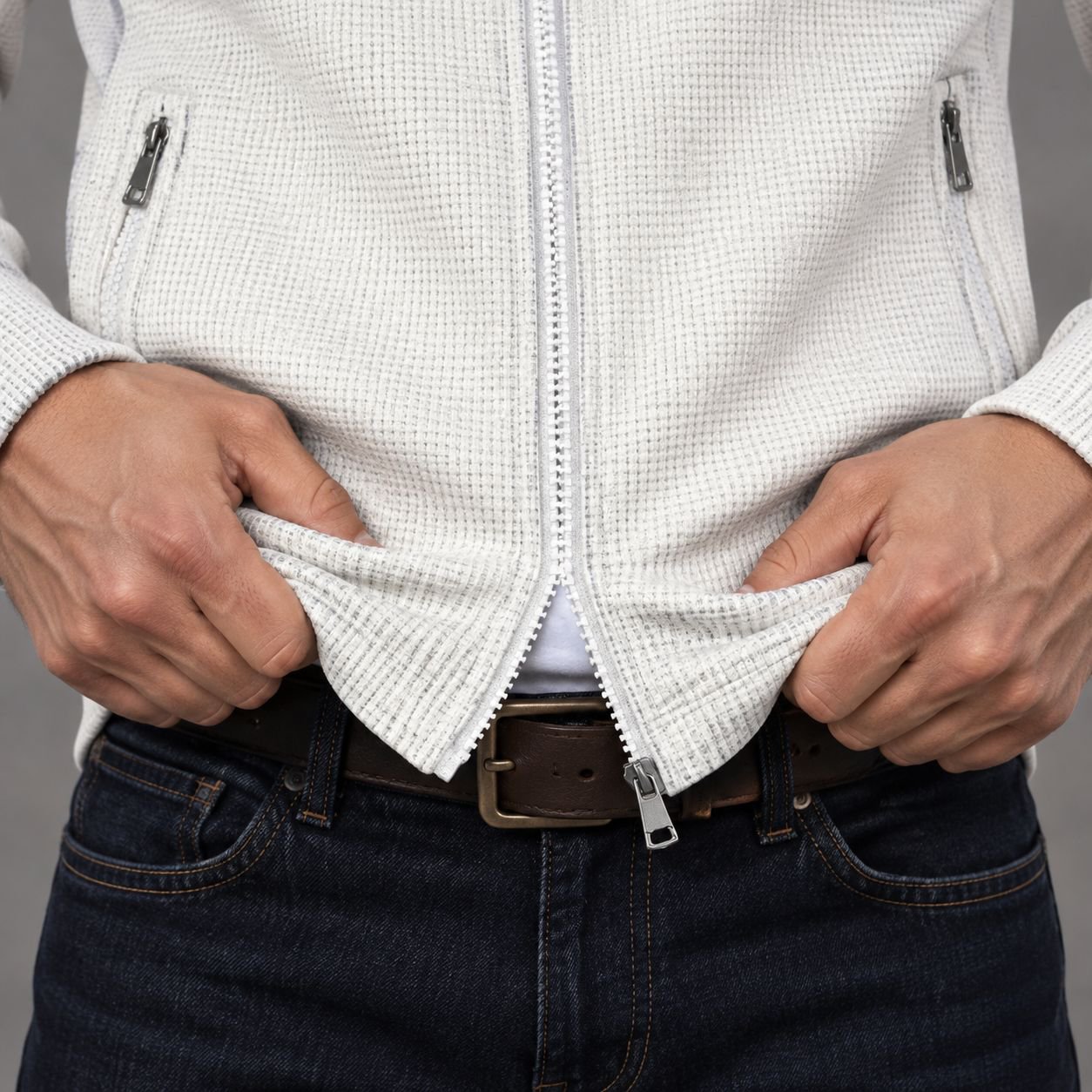 Side view of stylish waffle knit cardigan