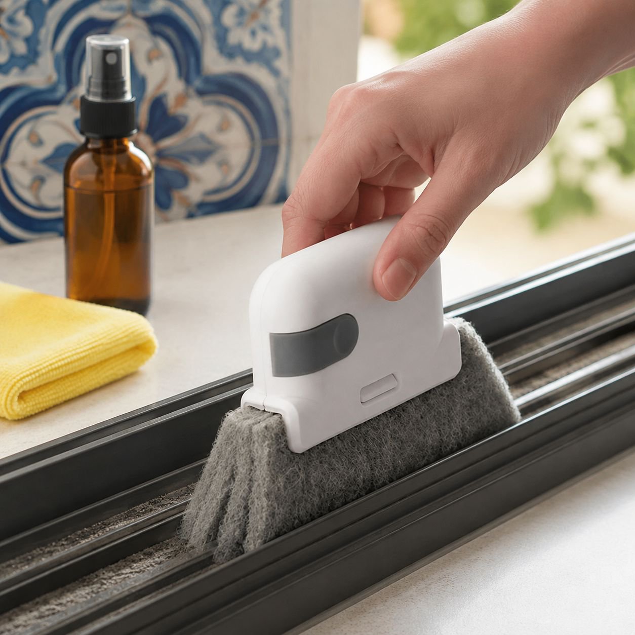 Herramienta de limpieza para rieles de ventanas con cerdas resistentes