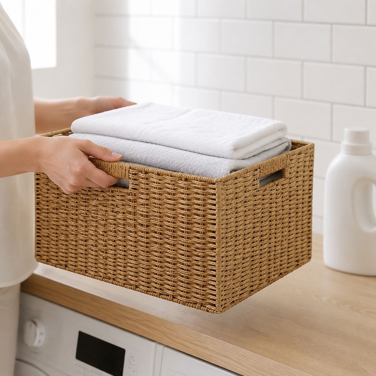 Iron Frame Storage Basket with Handle, Round and Rectangular Paper Rope Braided Basket