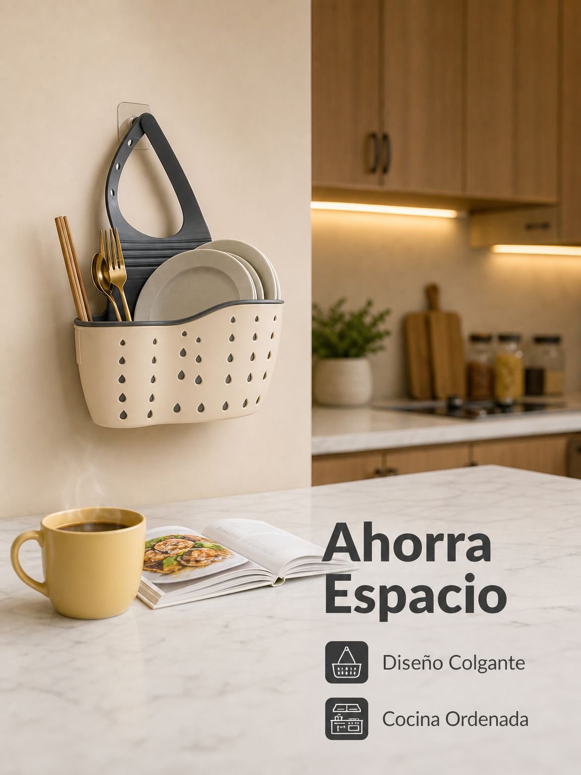 Escurridor de platos ecológico colgante con cesta de almacenamiento