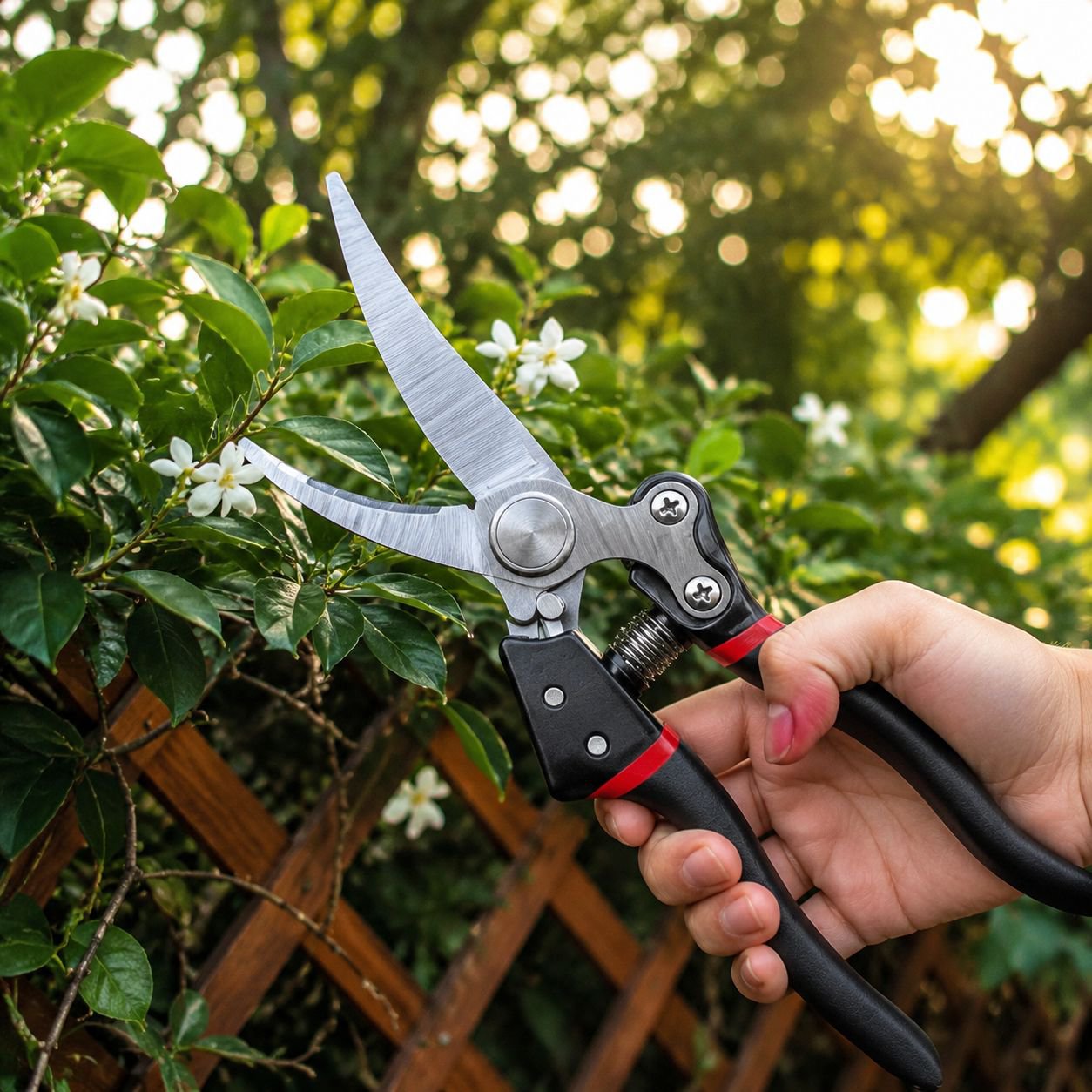 Gardener using SK5 pruning shears in the yard