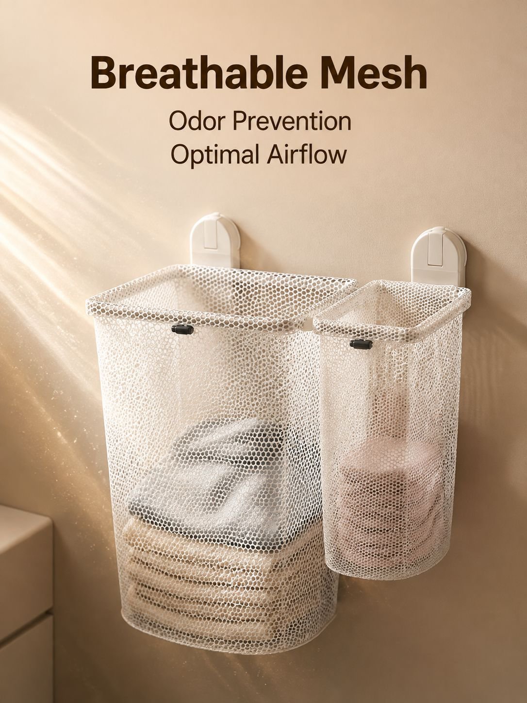Double suction cup laundry basket, wall-mounted, no-drill, foldable, breathable, suitable for bathro
