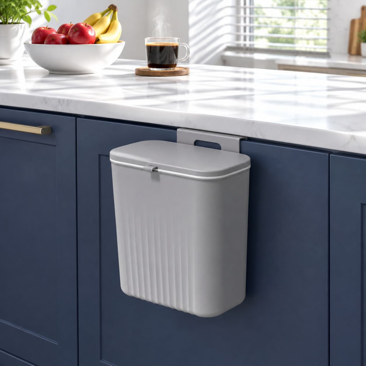 Space-saving wall-mounted waste bin in a small bathroom