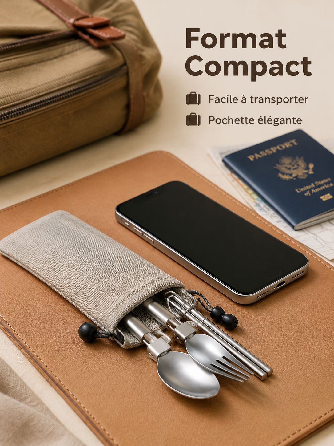 Kit de couverts pliables en acier inoxydable 304 pour le voyage, avec baguettes détachables