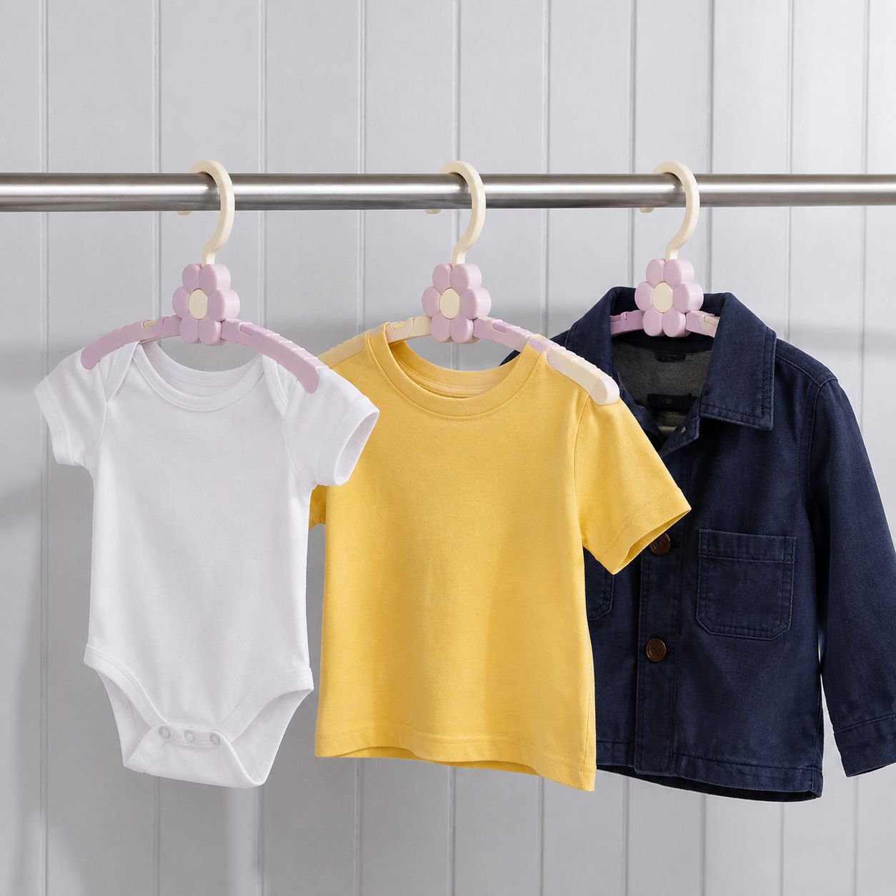 Adjustable baby hanger holding infant clothing