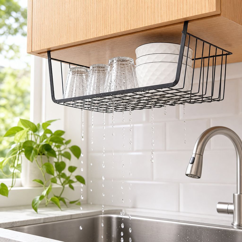 Kitchen storage rack holding plates and cups