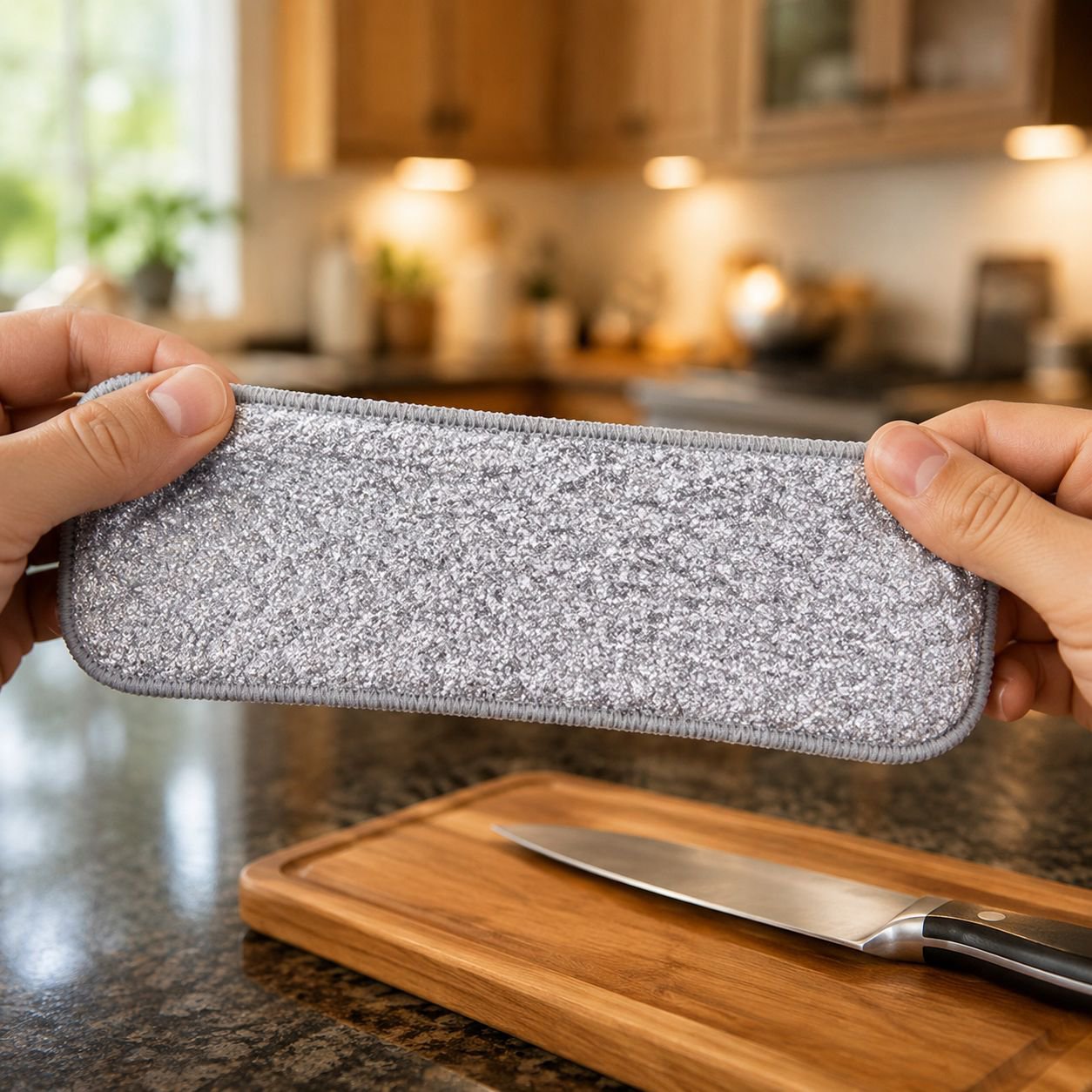 Detalle del tejido de hilo plateado del trapo de cocina