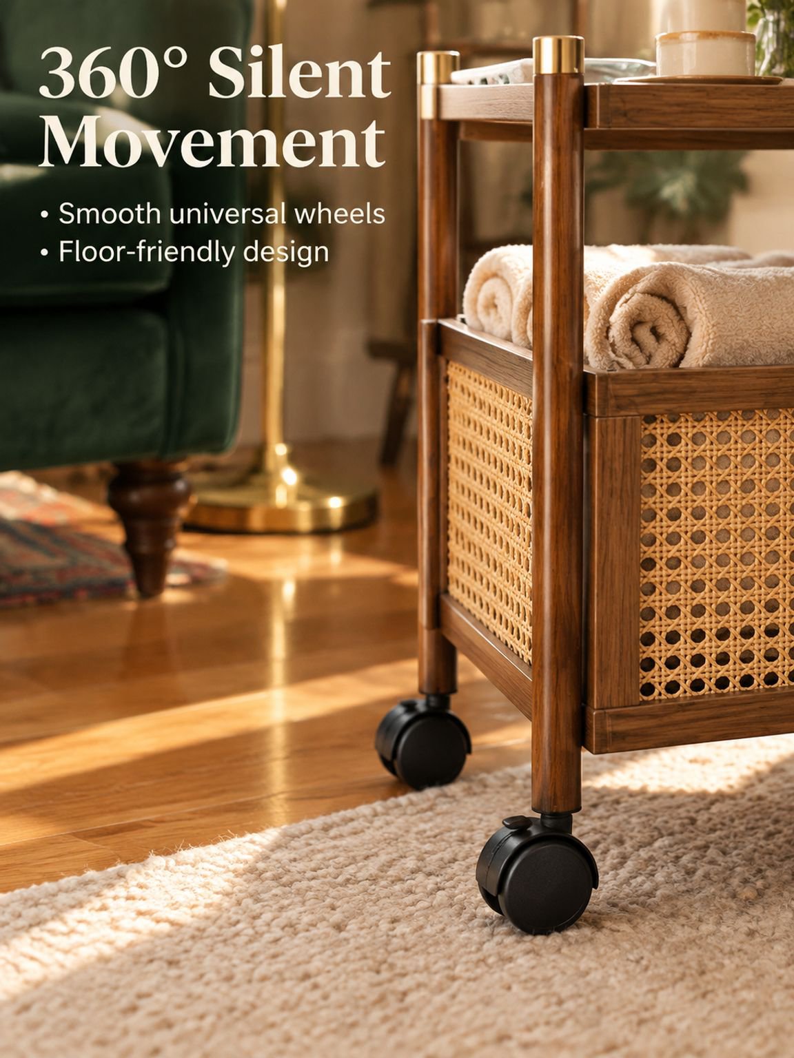 Rolling snack table styled beside a living room chair