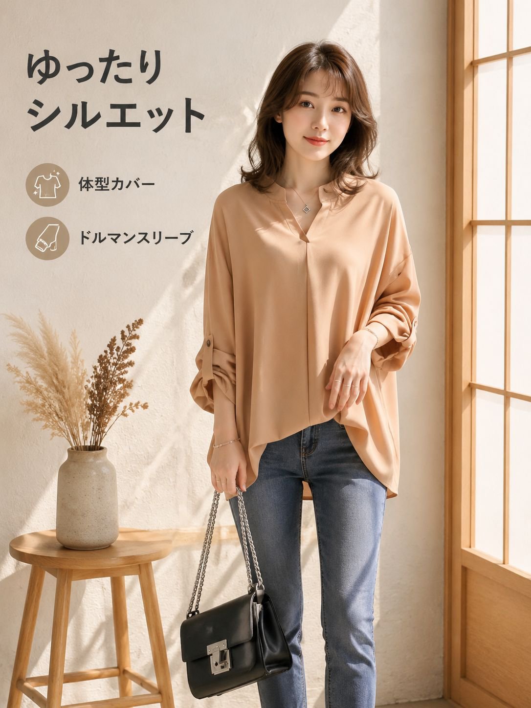大きいサイズ ゆったりドルマンスリーブ長袖ブラウス、ベーシックでカジュアルな着回しアイテム
