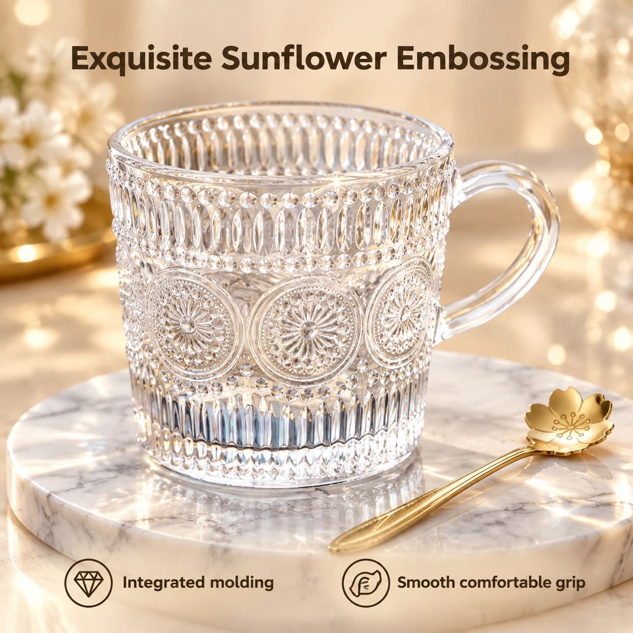 Vintage Embossed Sunflower Glass Cup