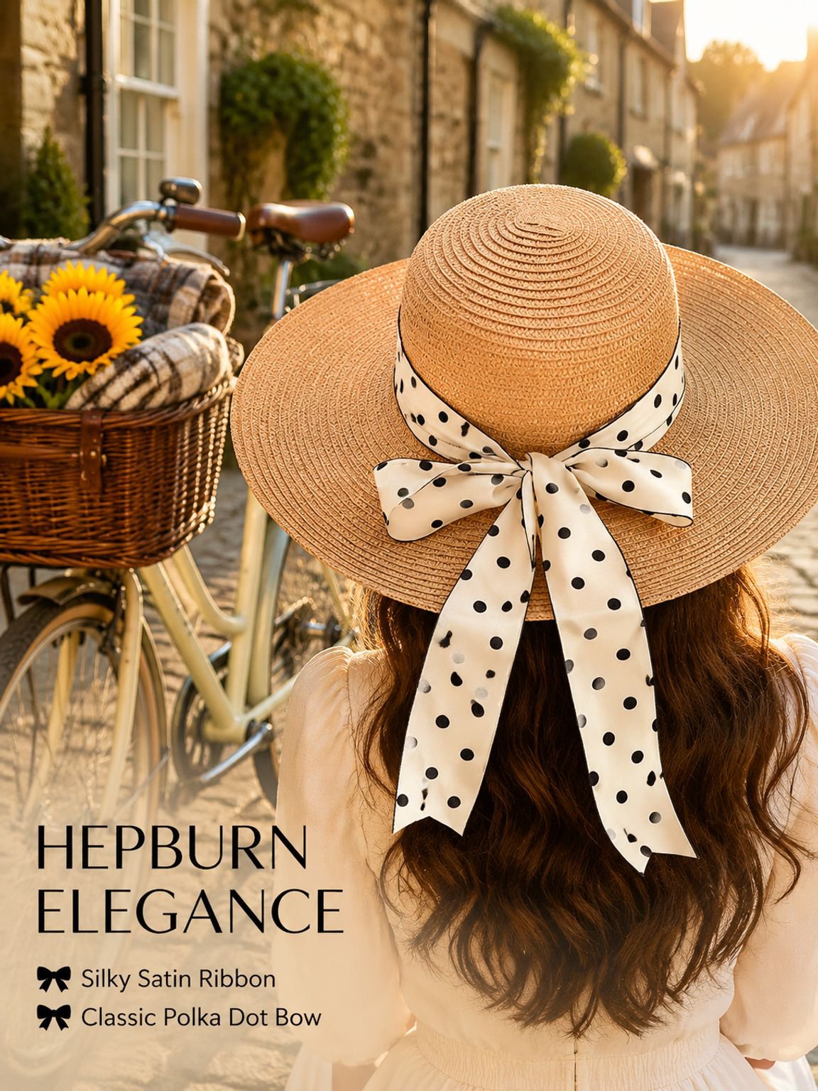 Summer wide-brimmed beach hat for women, sun protection, elegant women's vacation sun hat, polka dot
