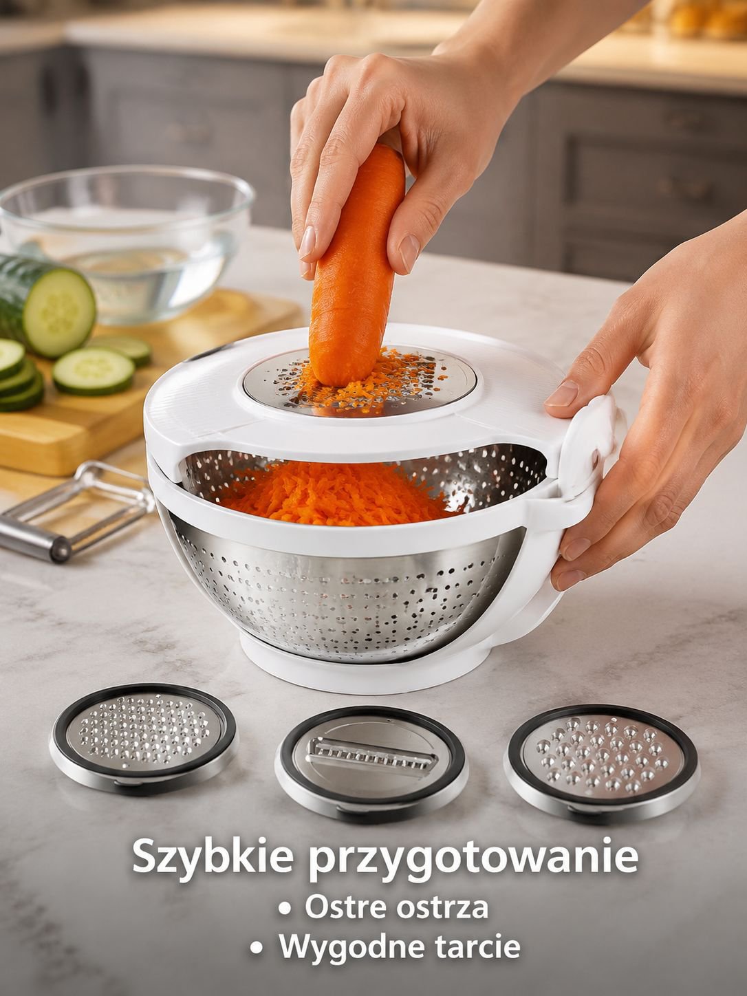 Domowy obrotowy kosz do mycia warzyw z tarką, dwuwarstwowy, ze stali nierdzewnej