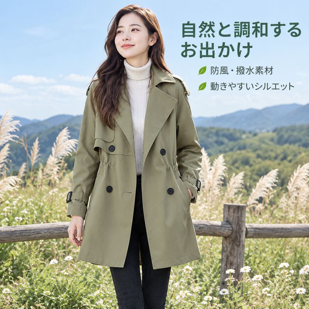 トレンチコート レディース ミドル丈 ウエストマーク ゆったり 大きいサイズ アウター