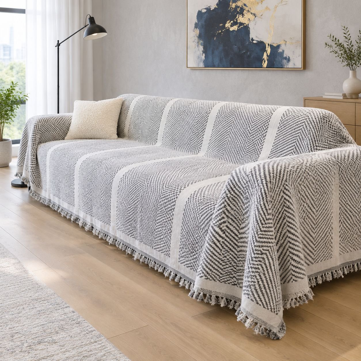 Black and white chenille sofa cover, anti-slip, cat scratch-proof