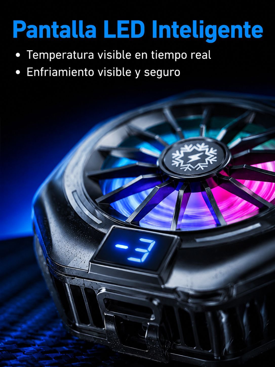 Enfriador de teléfono con pantalla digital mostrando temperatura