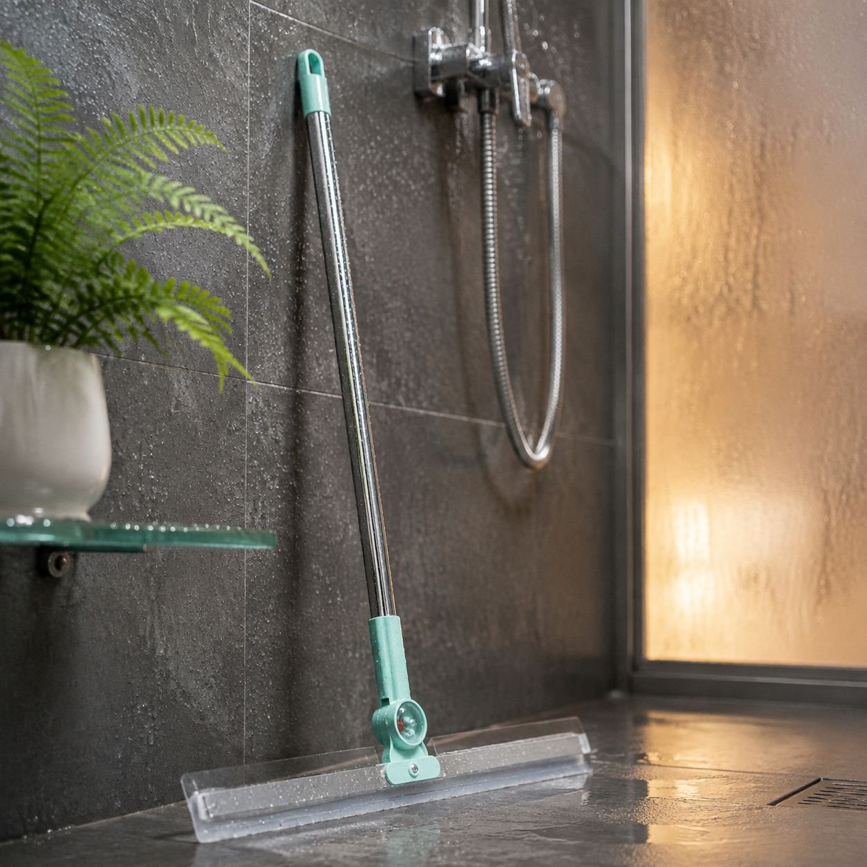 Silicone broom removing hair and water from bathroom floor