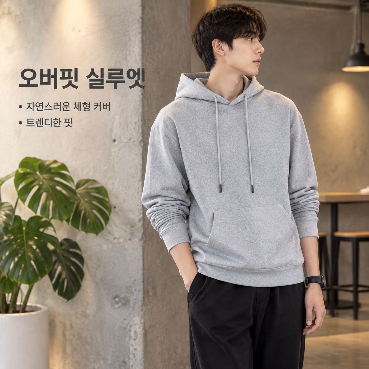 남성용 솔리드 컬러 루즈핏 캐주얼 트렌디 카라 후드 상의