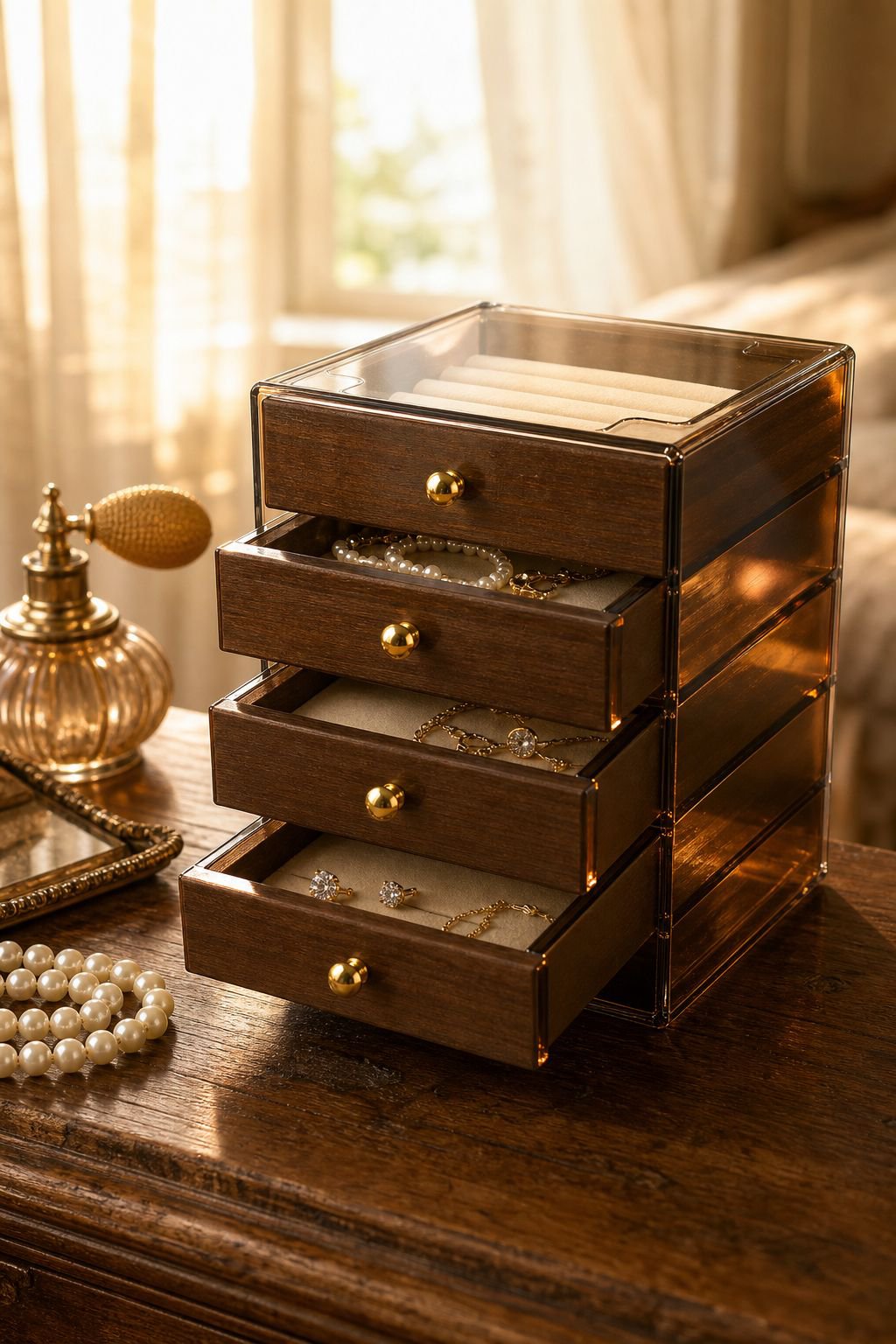 Multifunctional jewelry box for rings, earrings, and necklaces