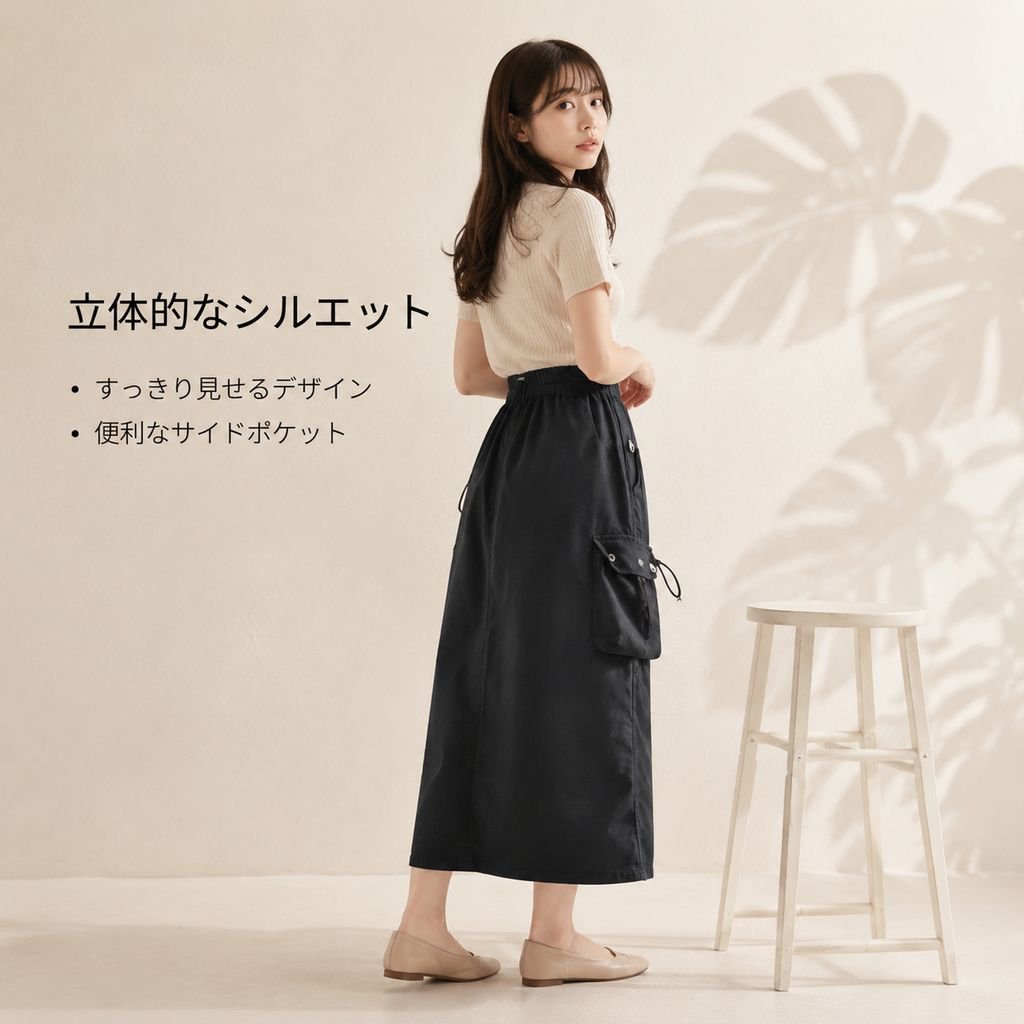 夏新作ハイウエストゆったりAラインブラックワークロングスカート