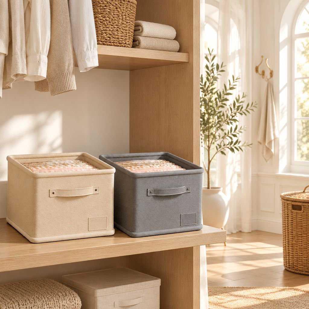 Grande boîte de rangement en coton/lin avec poignée pour vêtements