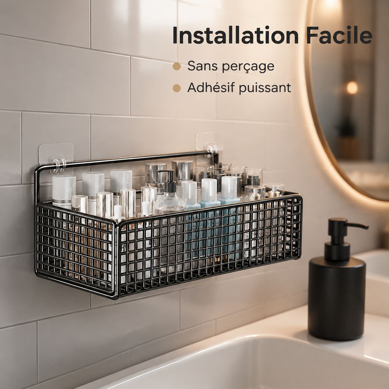 Étagère/panier de rangement mural pour salle de bain (sans perçage)