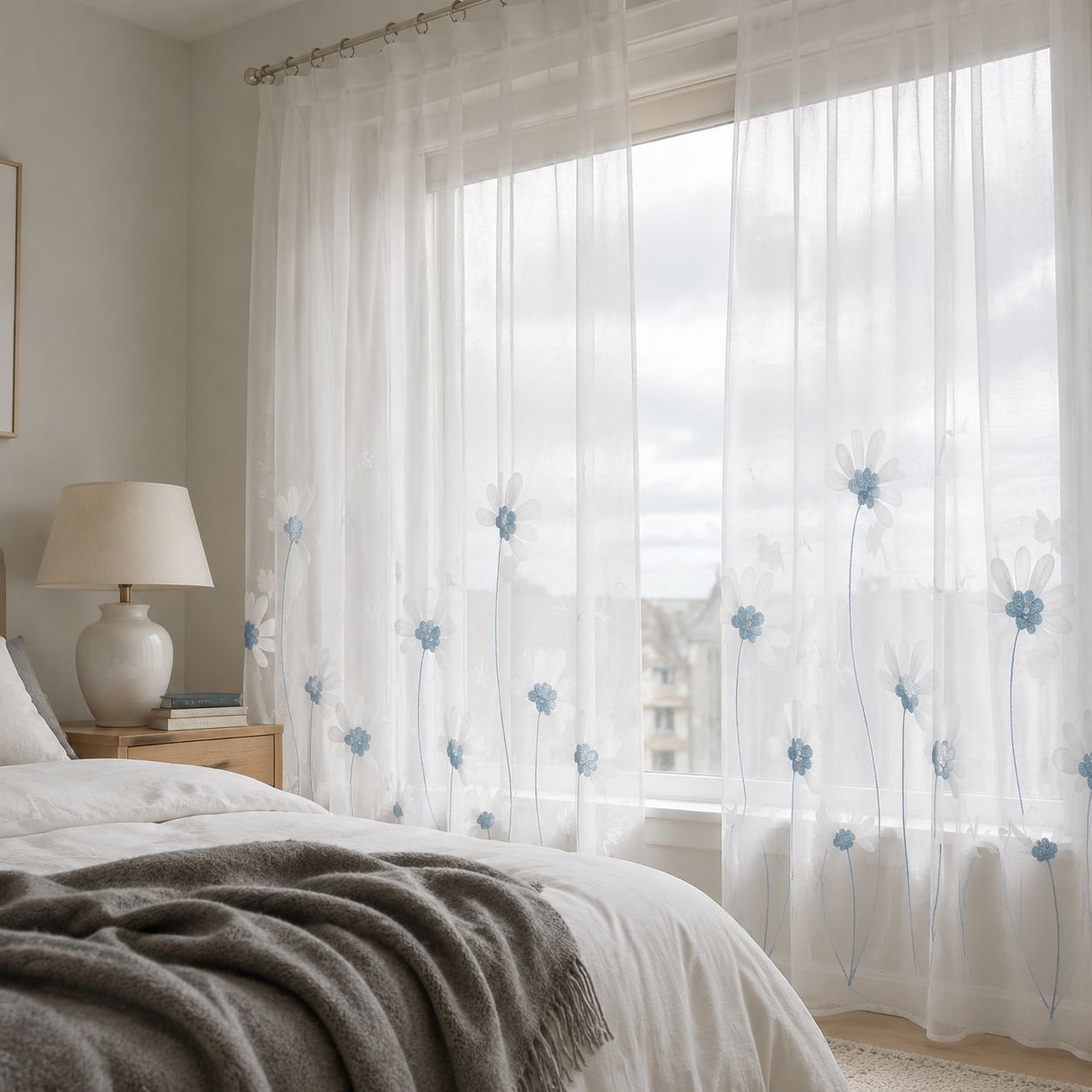 Window screen with chrysanthemum embroidery, simple and transparent modern fabric, suitable for livi