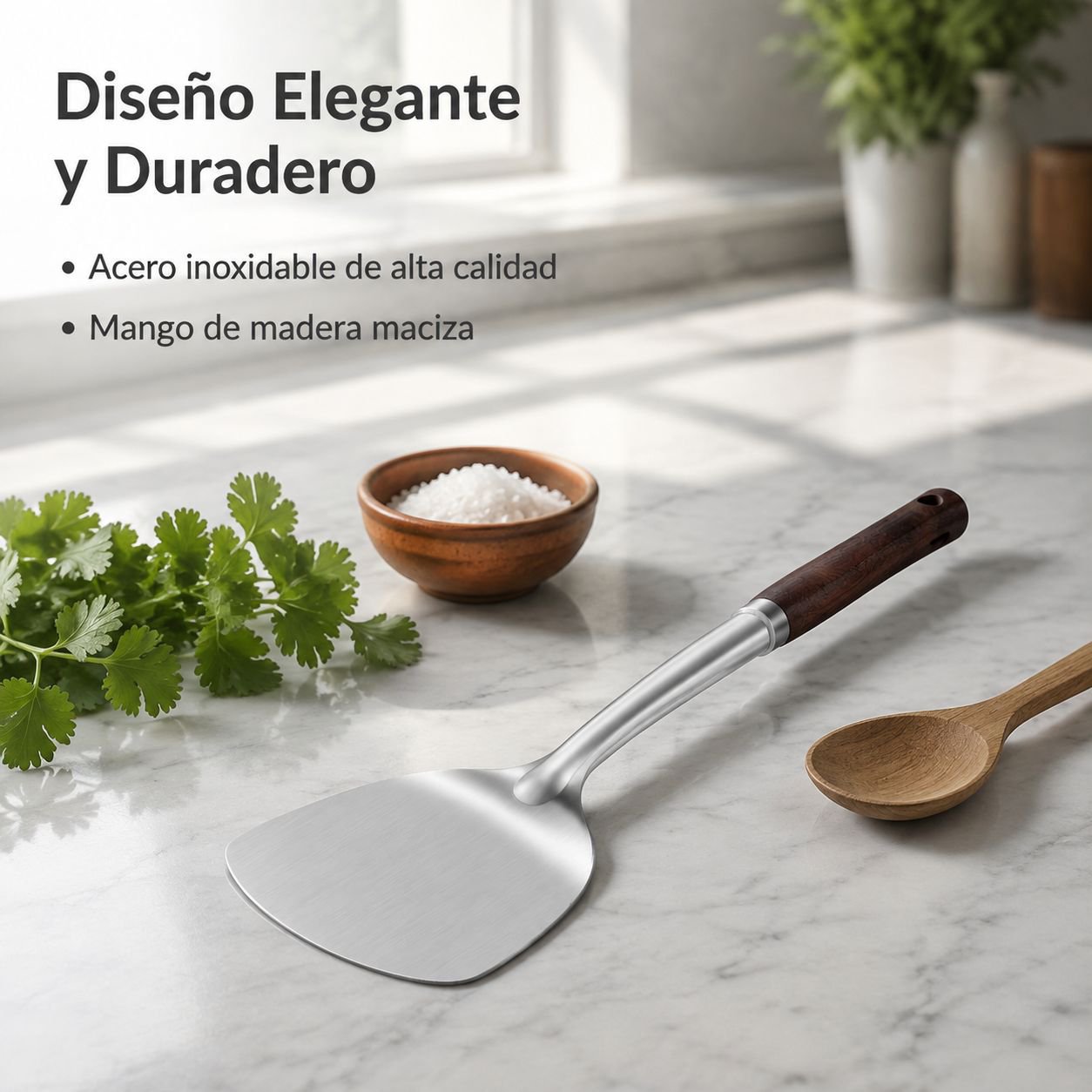 Espátula de acero inoxidable con mango de madera