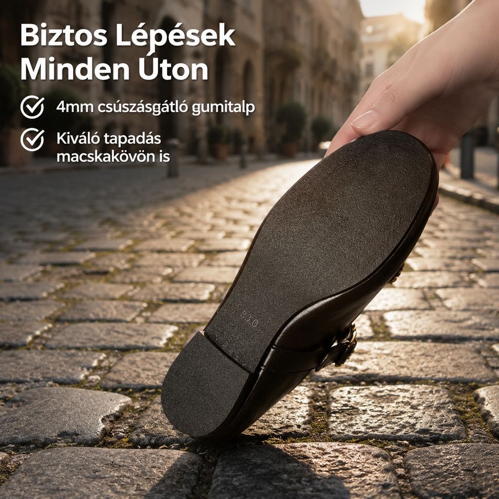 Új, puha talpú, marhabőr Mary Jane női cipő fekete, virágos csattal, szoknyához