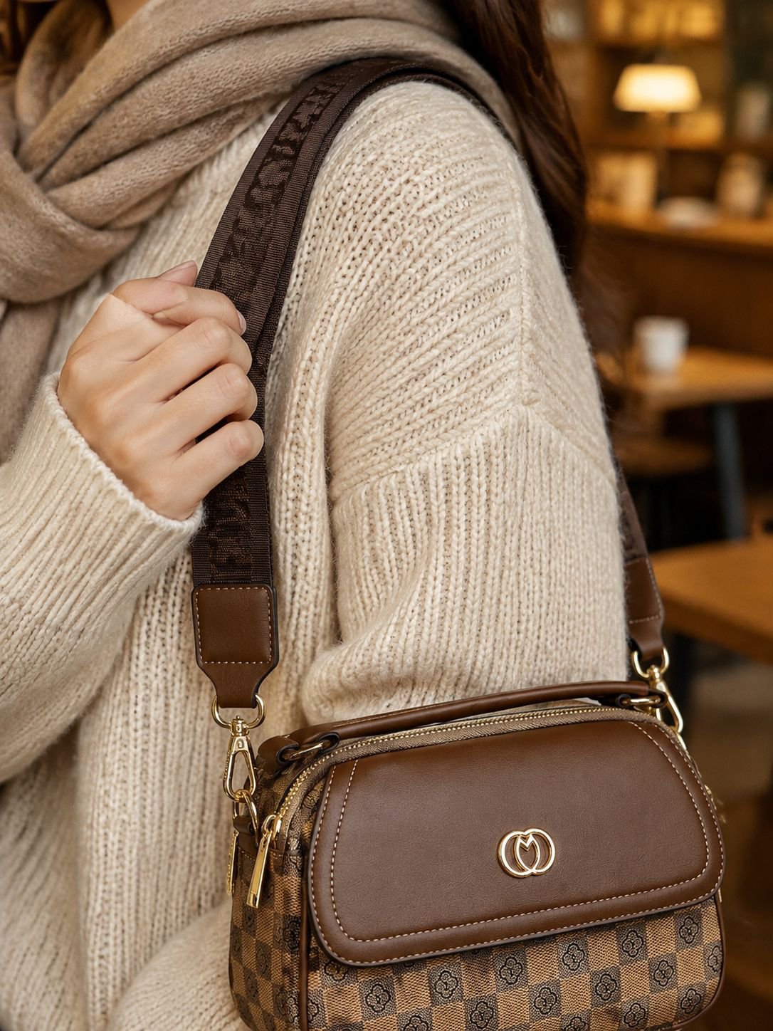 JS – Apfeltasche mit Retro-Print und großem Fassungsvermögen