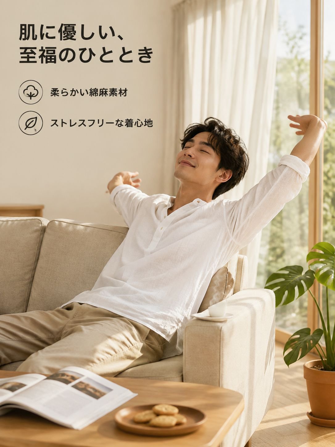 メンズゆったり無地長袖コットンリネンTシャツ・プラスサイズ