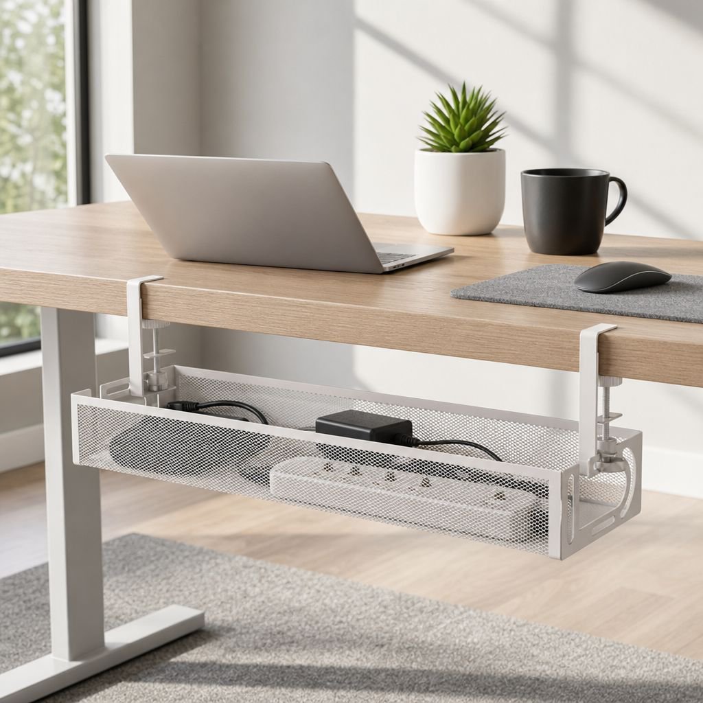 No-Drill Under Desk Power Strip Organizer, Cable Management Tray