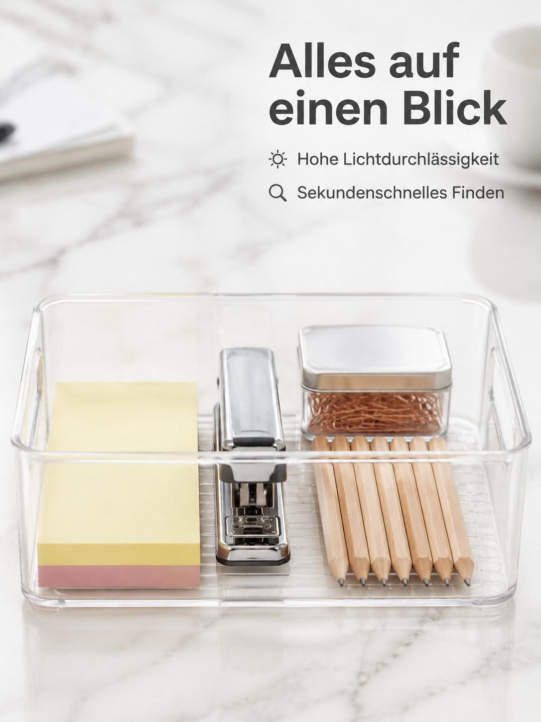 Acryl Aufbewahrungsbox mit Stiften und Notizblöcken
