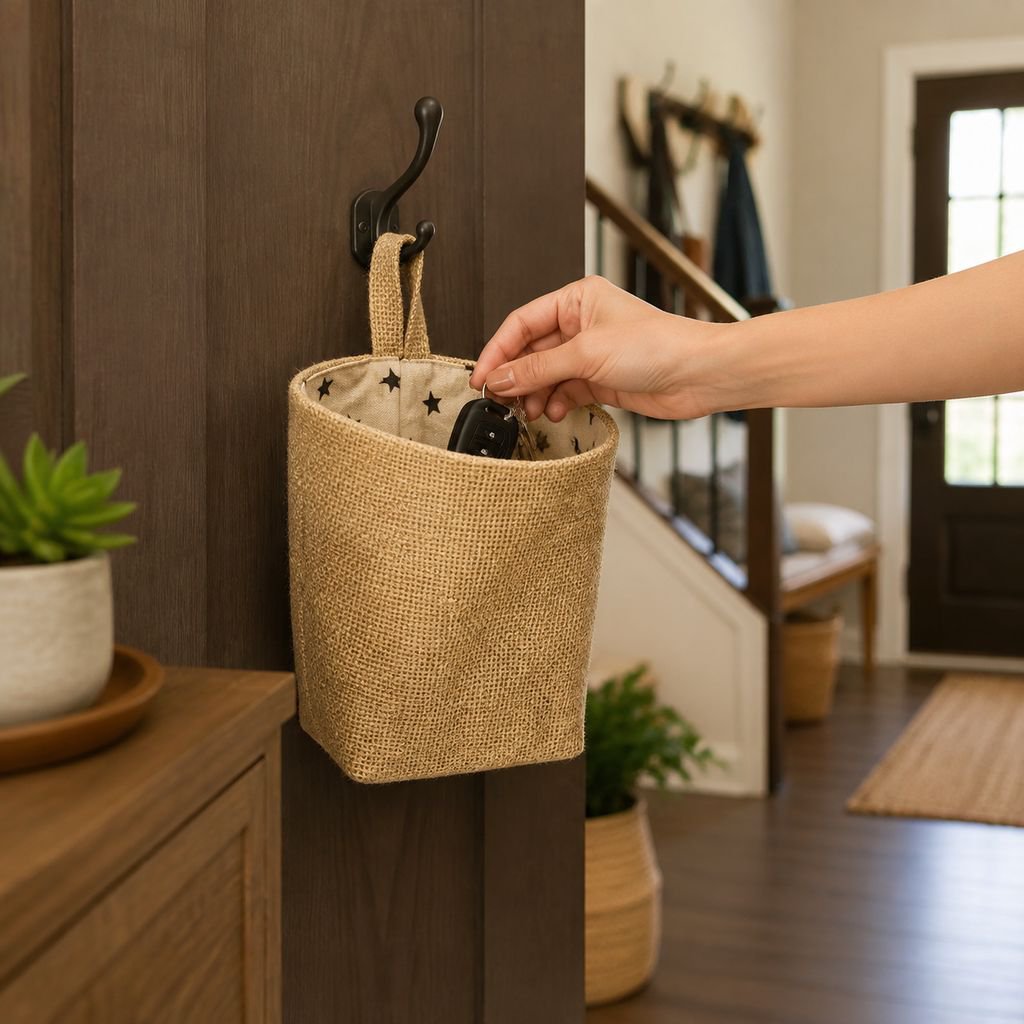 Cotton and linen storage hanging bags for hanging behind doors, on walls, and on desktops; jute stor