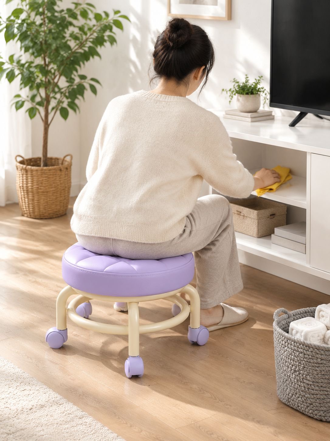 Petit Tabouret Rond à Roulettes Pivotantes Coloré Bas pour Salon
