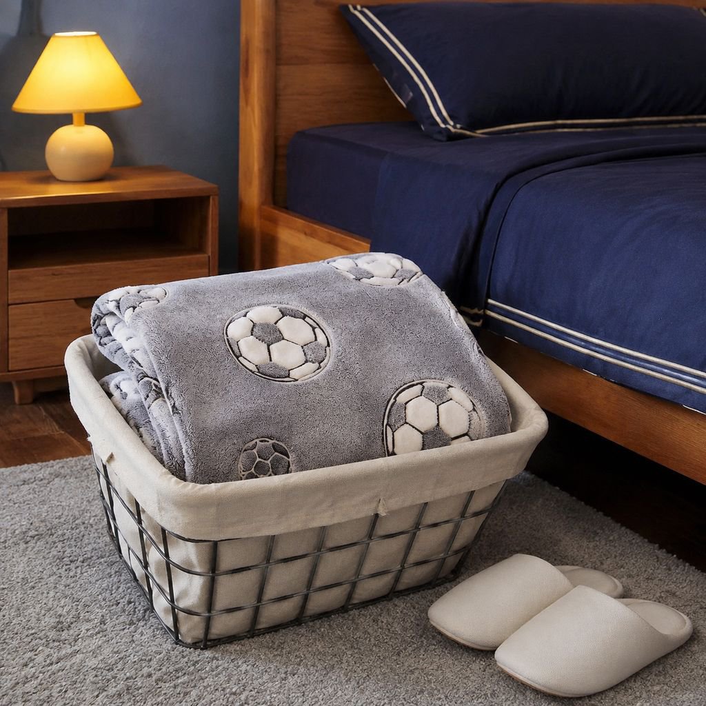 Soccer blanket for home decor glowing under dim lights