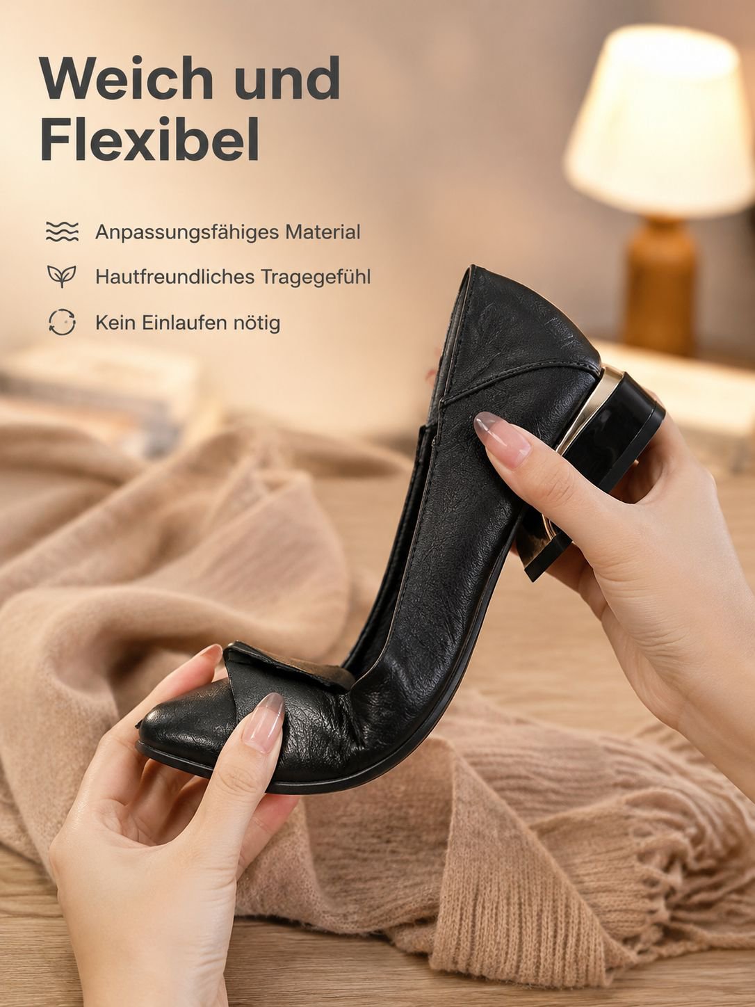 Bequemer Damen-Slipper in Schwarz – Detailansicht Absatz