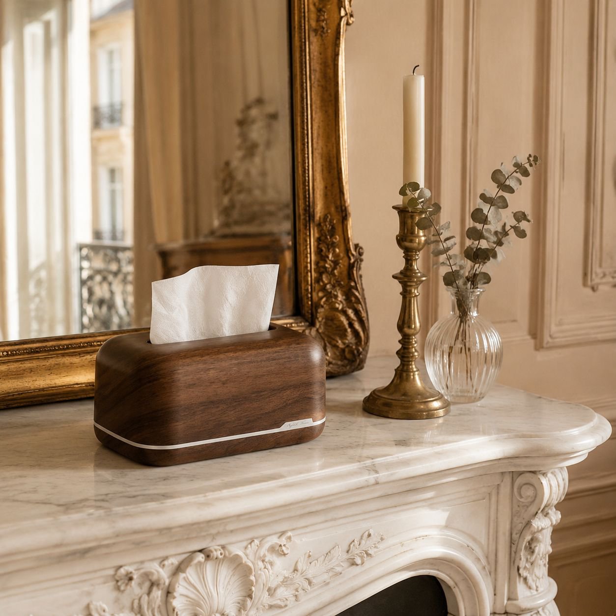 Boîte à mouchoirs style antique sur table basse de salon