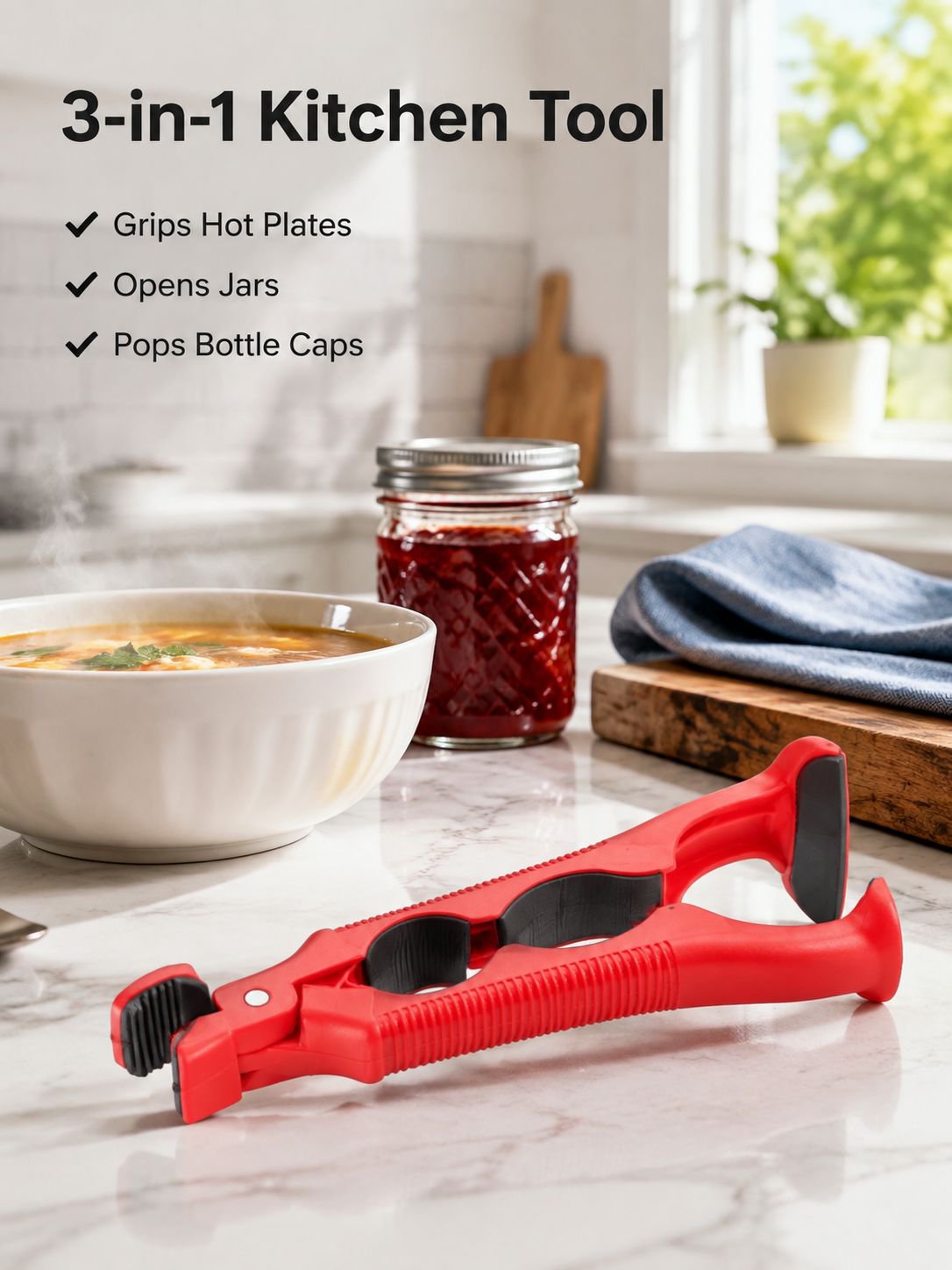3-in-1 can open bottle, dish, and heat-resistant clip